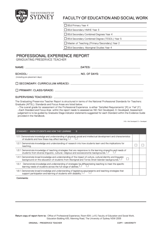 Fillable Professional Experience Teacher Report Form Printable pdf