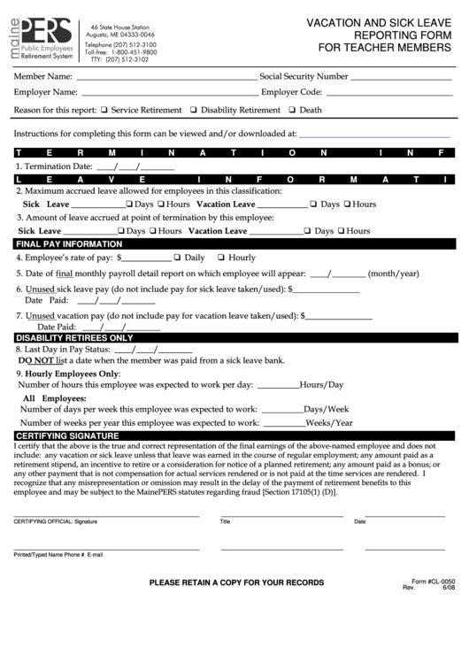 Fillable Vacation And Sick Leave Reporting Form For Teacher Members Printable pdf