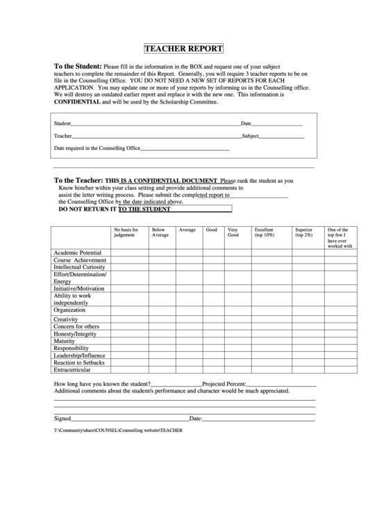 Teacher Report Printable pdf