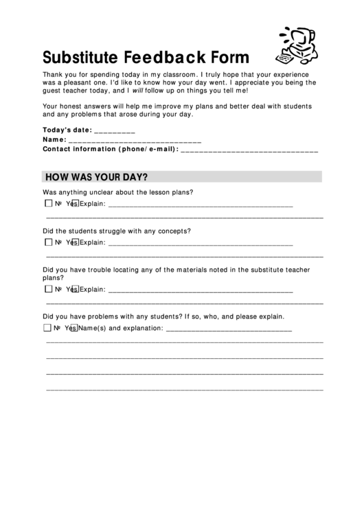Substitute Feedback Form Printable pdf