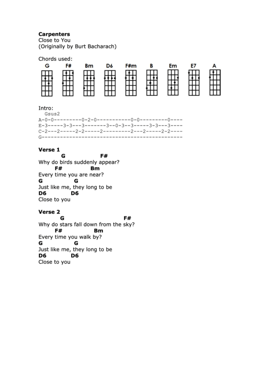 Carpenters Close To You (Originally By Burt Bacharach) Printable pdf