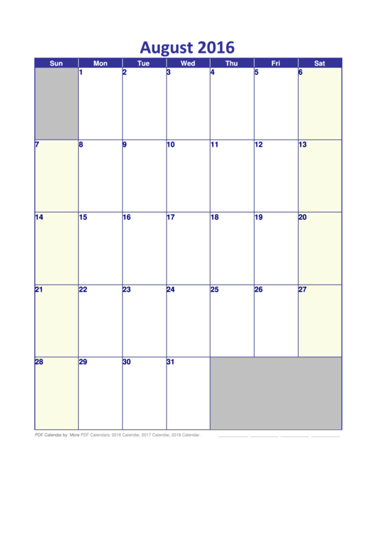 August 2016 Calendar Template Printable pdf