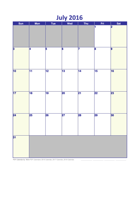 July 2016 Calendar Template Printable pdf