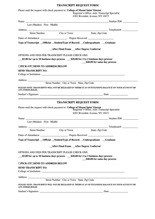 Transcript Request Form Transcript Request Form Printable pdf