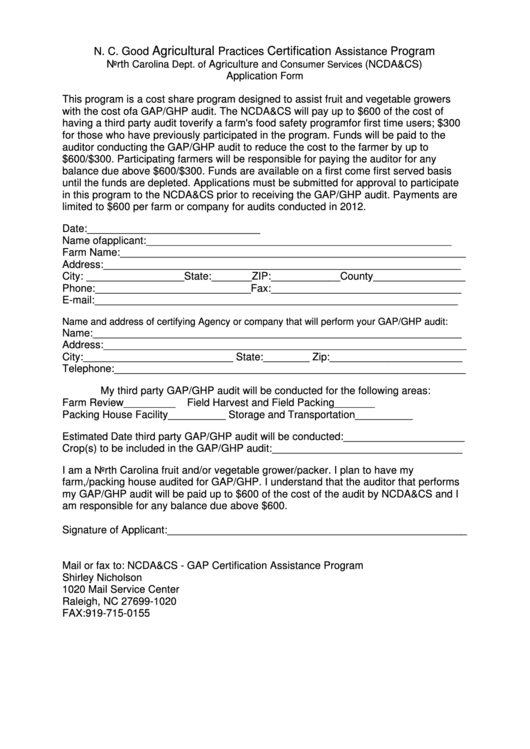 Application For Nc Good Agricultural Practices Printable pdf