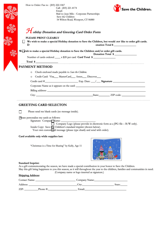 Holiday Donation And Greeting Card Order Form - Save The Children Printable pdf