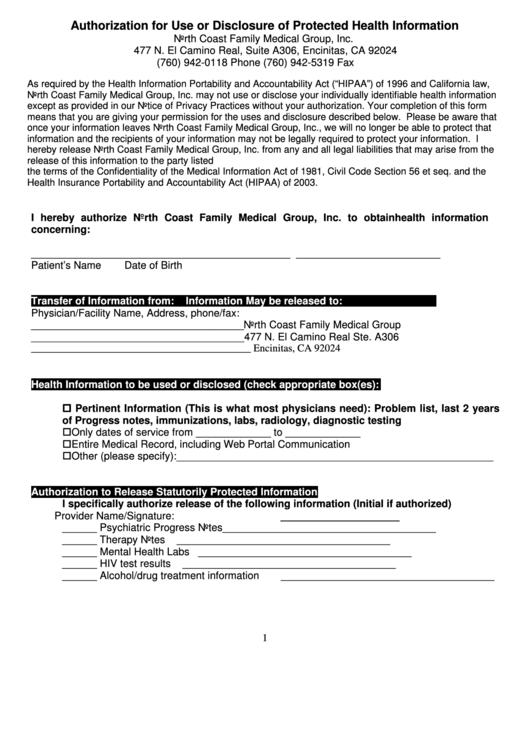 Medical Records Release Form - North Coast Family Medical Group Printable pdf