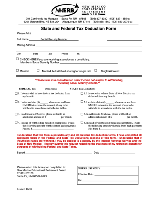 State And Federal Tax Deduction Form - 2010 printable pdf download