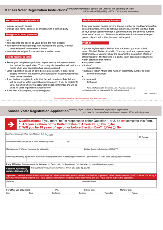 Fillable Kansas Voter Registration Application Printable pdf