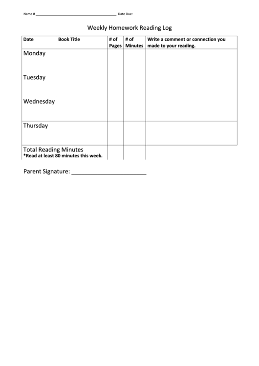 Weekly Homework Reading Log Template - 80 Minutes Printable pdf