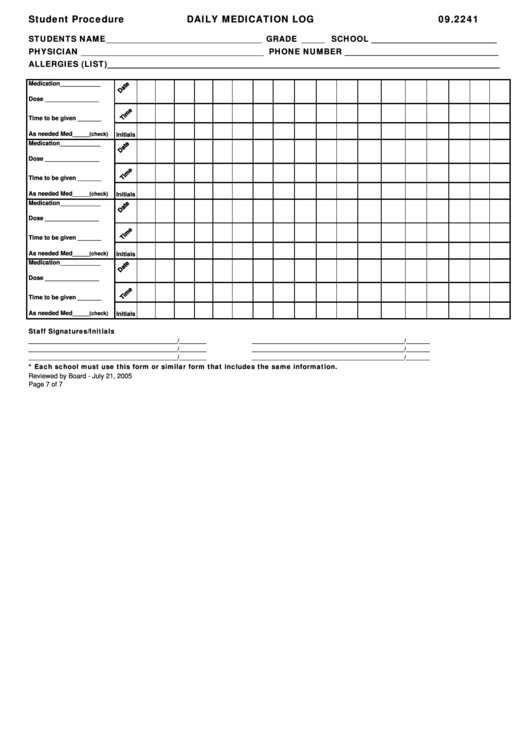 Fillable Daily Medication Log Printable pdf