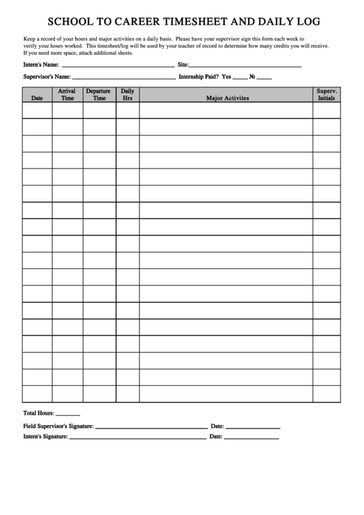 School To Career Timesheet And Daily Log Printable pdf