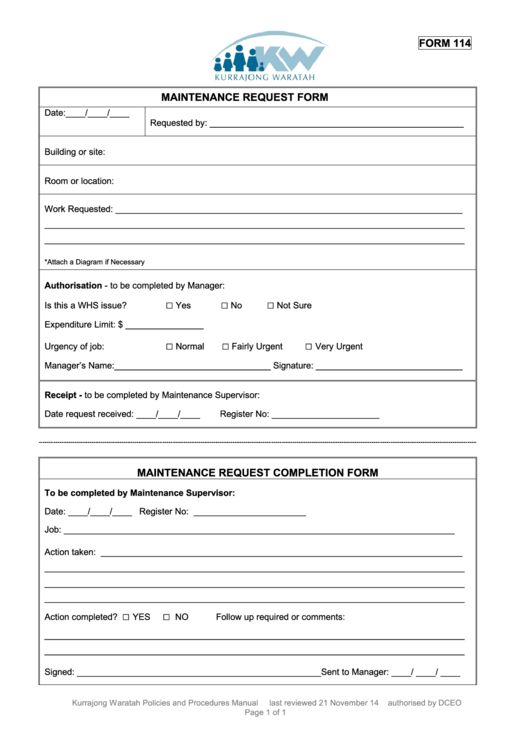 Maintenance Request Form Printable pdf