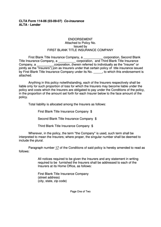 Clta Form 114-06 - Endorsement Attached To Policy No. Issued By First Blank Title Insurance Company Printable pdf