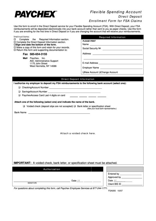 Form Fsa005 - Enrollment Form For Fsa Claims Printable pdf