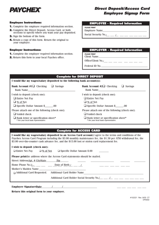 Direct Deposit/access Card Employee Signup Form Printable pdf