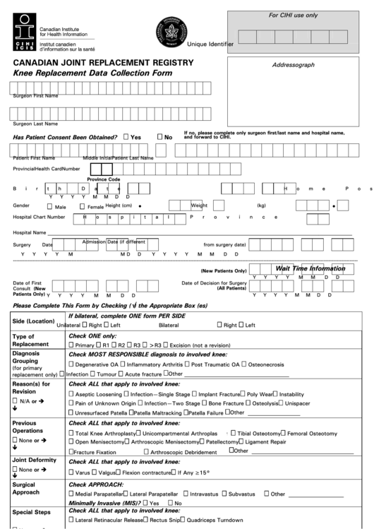 Canadian Joint Replacement Registry - Knee Replacement Data Collection Form Printable pdf