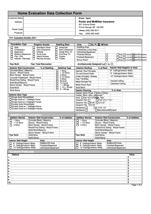 Home Evaluation Data Collection Form Printable pdf