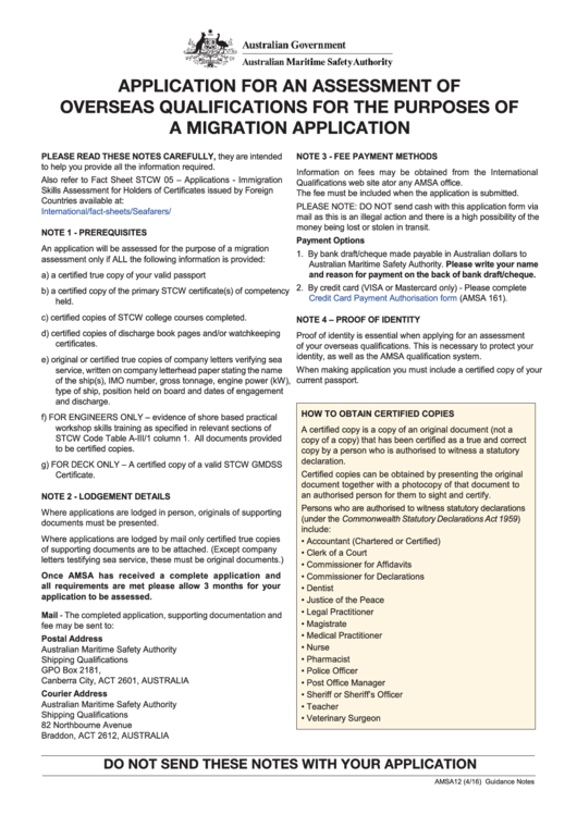 Application For An Assessment Of Overseas Qualifications For The Purposes Of A Migration Application Printable pdf