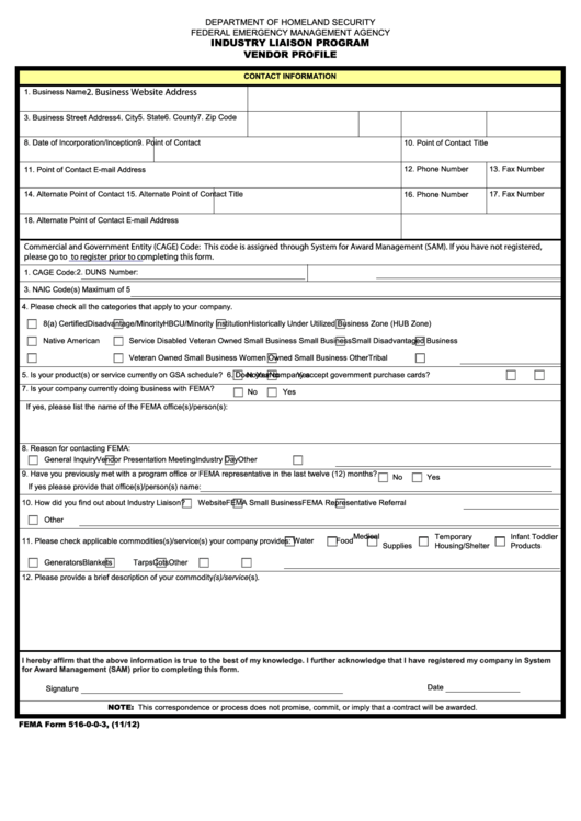 Fillable Industry Liaison Program Vendor Profile Form Printable pdf