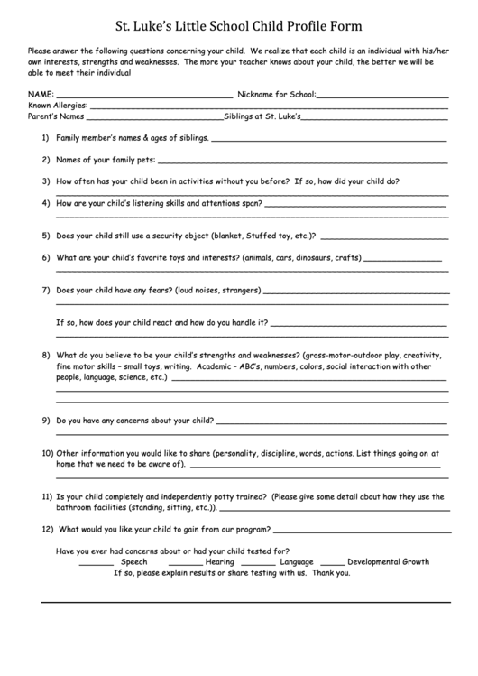 St Lukes Little School Child Profile Form printable pdf download