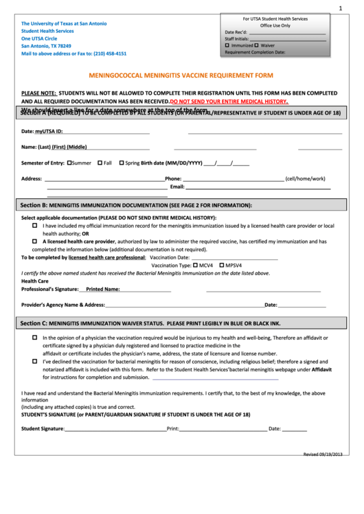 Meningococcal Meningitis Vaccine Requirement Form Printable pdf