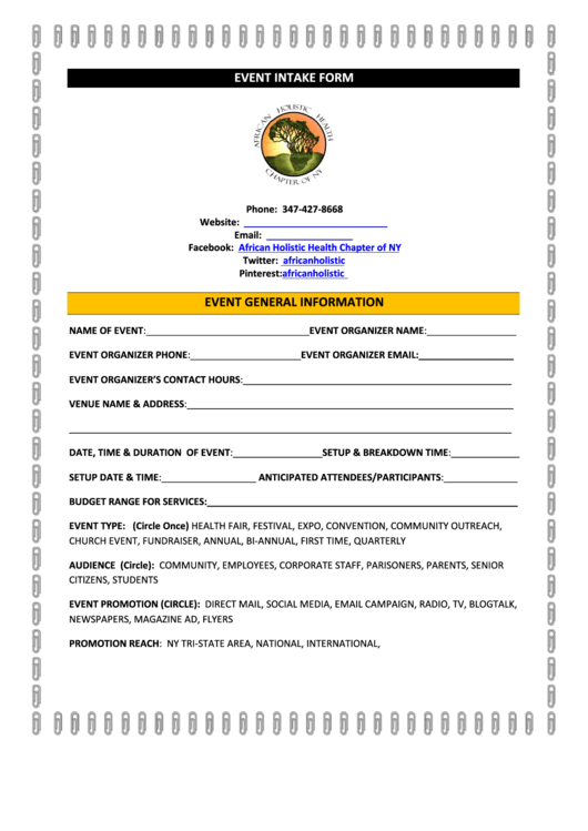 Event Intake Form Event General Information Printable pdf