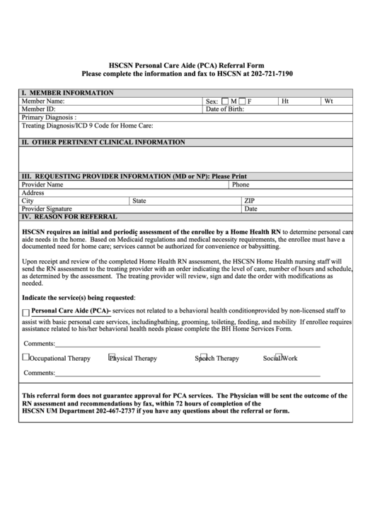 Fillable Hscsn Personal Care Aide Referral Form Printable pdf