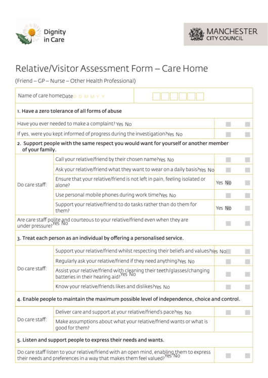 Relative Visitor Assessment Form Printable pdf
