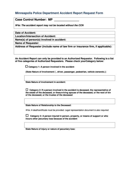 Fillable Accident Report Request Form - City Of Minneapolis Printable pdf