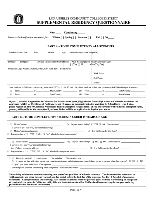 Supplemental Residency Questionnaire Template Printable pdf