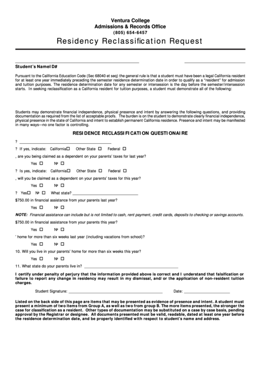Residency Checklist - Ventura College Printable pdf