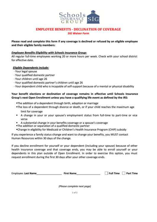 Employee Benefits Declination Of Coverage (Sig Waiver Form) Printable pdf