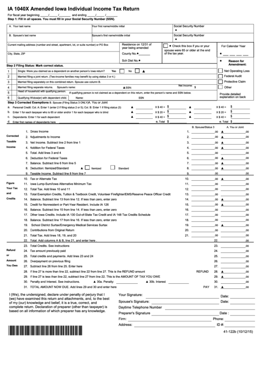 Form Ia 1040x - Amended Iowa Individual Income Tax Return - 2015