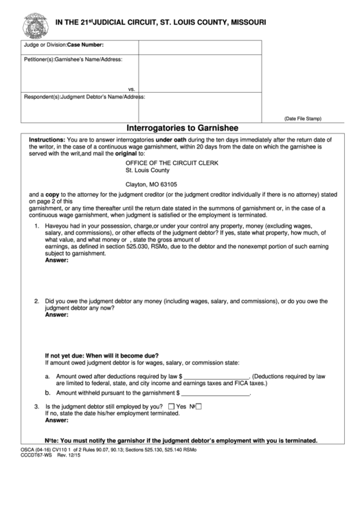 Fillable Osca (04-16) Cv110 - Interrogatories To Garnishee Printable pdf