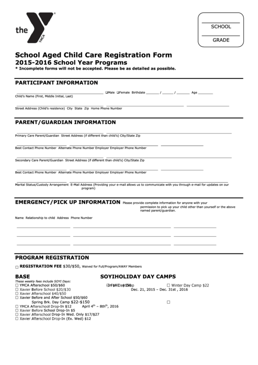 School Aged Child Care Registration Form - Michiana Family Ymca Printable pdf