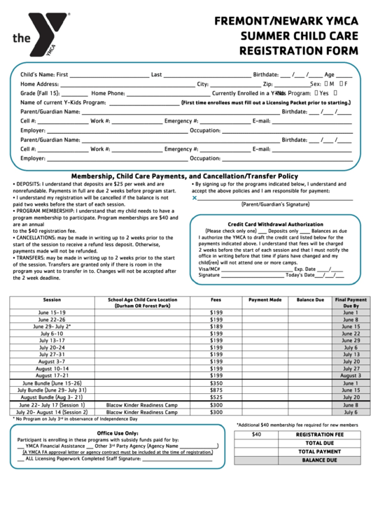 Fremont Newark Ymca Summer Child Care Registration Form Printable pdf