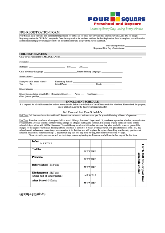 Pre Registration Form Printable pdf
