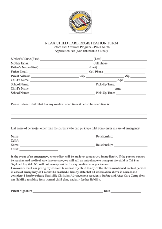Fillable Ncaa Child Care Registration Form - Nashville Christian Advancement Printable pdf