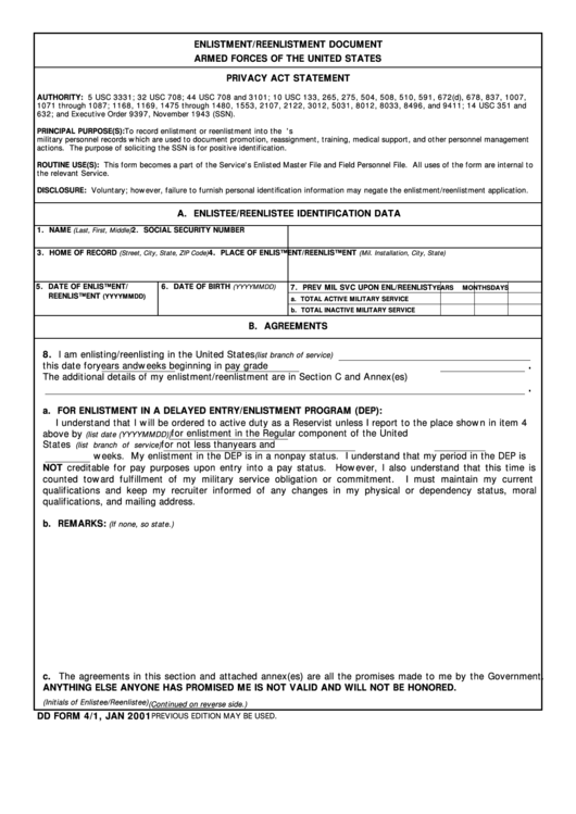 Fillable Dd Form 4/1 - Enlistment/reenlistment Document Armed Forces Of The United States - 2001 Printable pdf