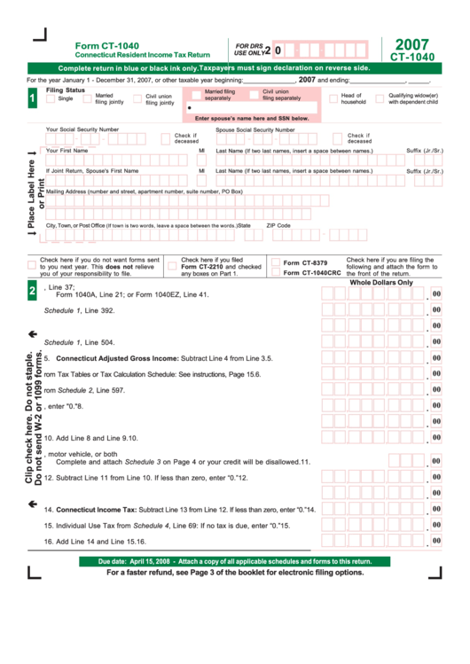 Form Ct 1040 - Connecticut Resident Income Tax Return - 2007 Printable pdf