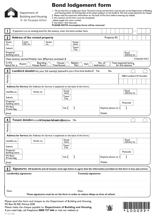 Bond Lodgement Form Printable pdf