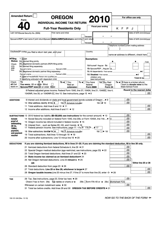Fillable Form 40 - Oregon Individual Income Tax Return (Full-Year Residents Only) - 2010 Printable pdf