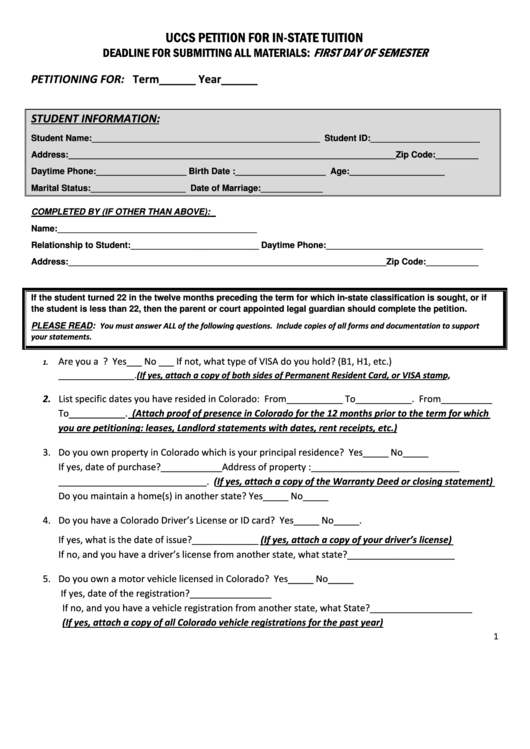Uccs Petition For In State Tuition - University Of Colorado Printable pdf