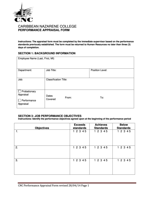 Employee Performance Appraisal Form - Caribbean Nazarene College Printable pdf