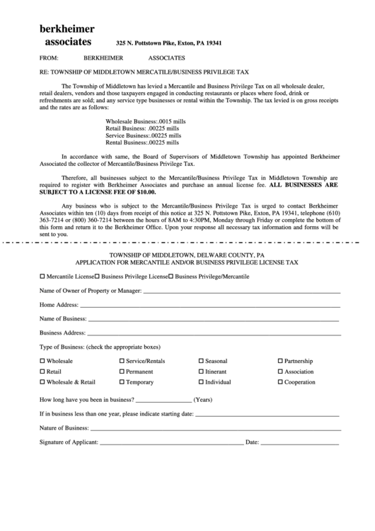 Mercantile And Business Privilege Tax Form - Middletown Township Printable pdf