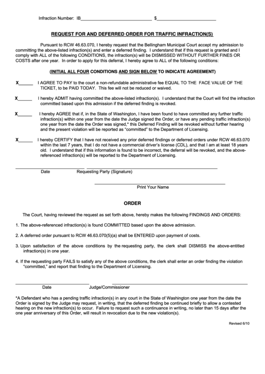 Request For And Deferred Order For Traffic Infraction Form Printable pdf