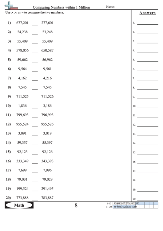 Comparing Numbers Within 1 Million Worksheet With Answer Key Printable Pdf Download