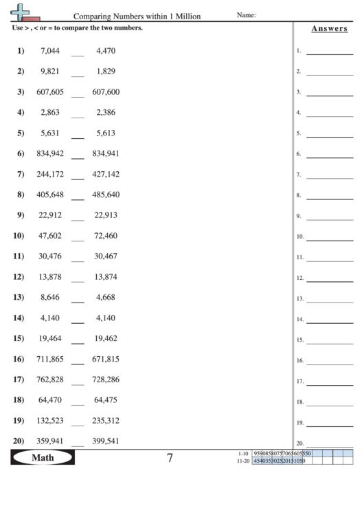 Comparing Numbers Within 1 Million Worksheet With Answer Key Printable Pdf Download