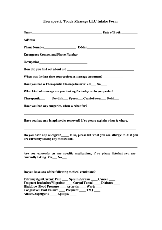 Patient Intake Form Therapeutic Touch Massage Printable pdf